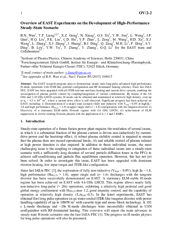 (PDF) Overview of EAST experiments on the development of high ...