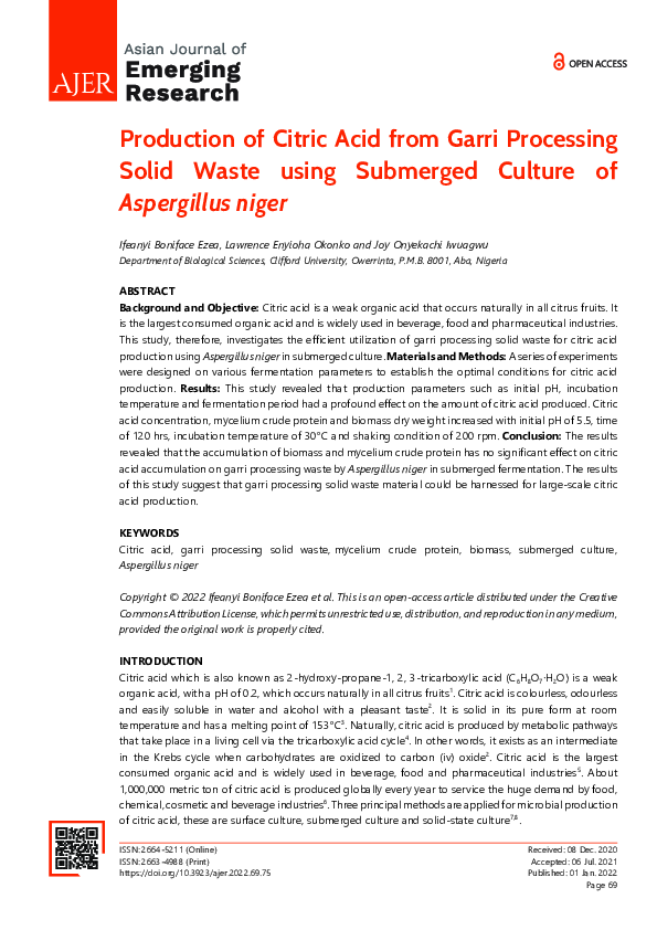 (PDF) Production of Citric Acid from Garri Processing Solid Waste using ...