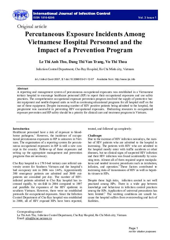 (PDF) Percutaneous Exposure Incidents Among Vietnamese Hospital ...