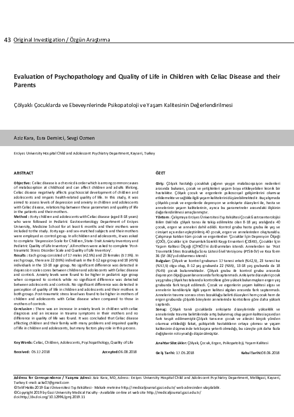 (PDF) Evaluation of Psychopathology and Quality of Life in Children ...