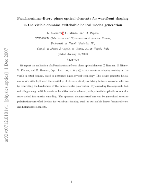 (PDF) Pancharatnam-Berry phase optical elements for wave front shaping ...
