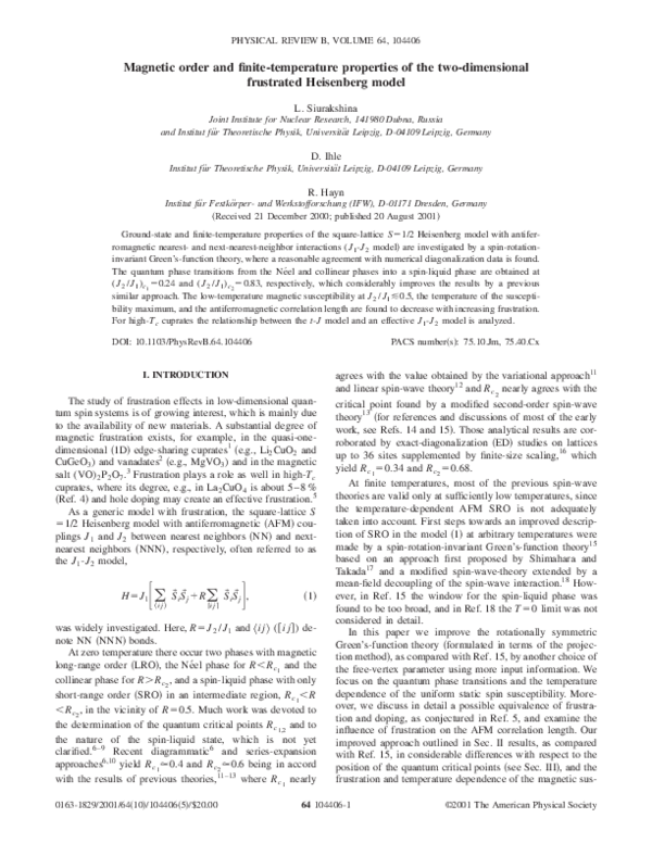(PDF) Magnetic order and finite-temperature properties of the two ...