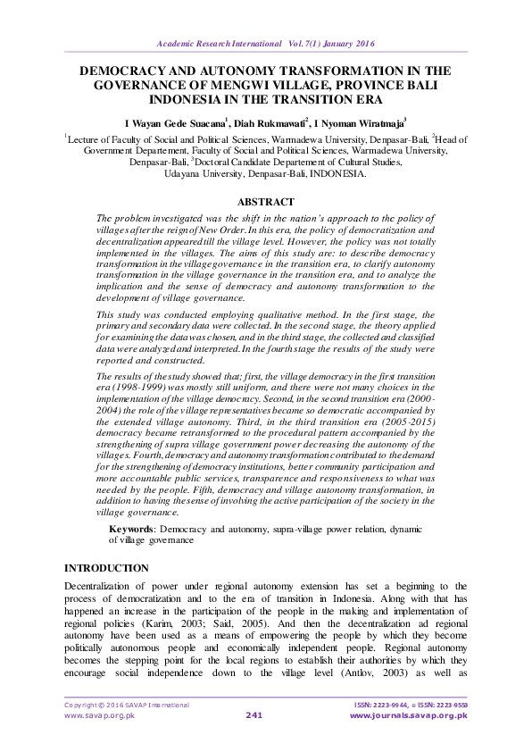(PDF) Democracy and Autonomy Transformation in the Governance of Mengwi ...