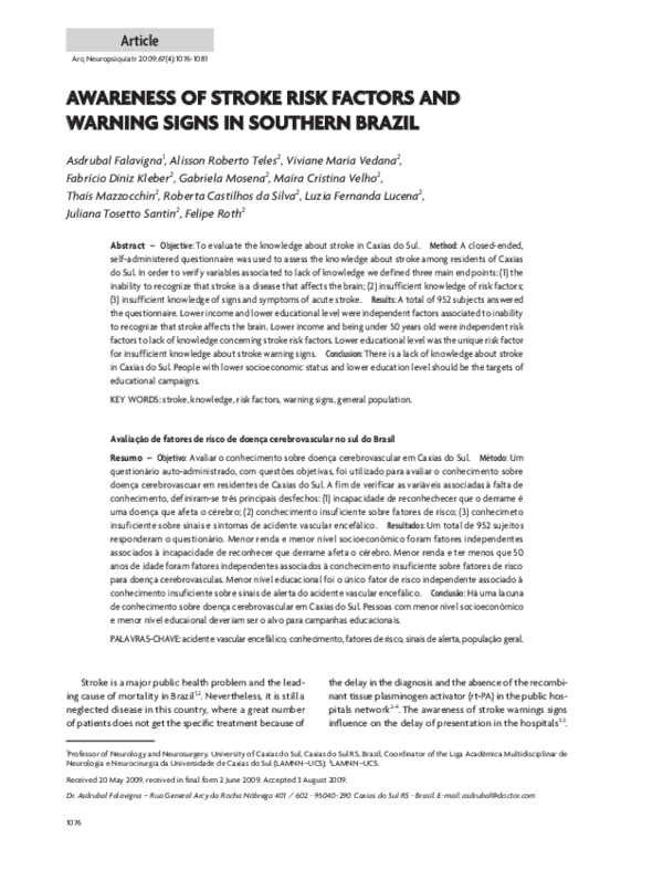 (PDF) Awareness of stroke risk factors and warning signs in southern Brazil