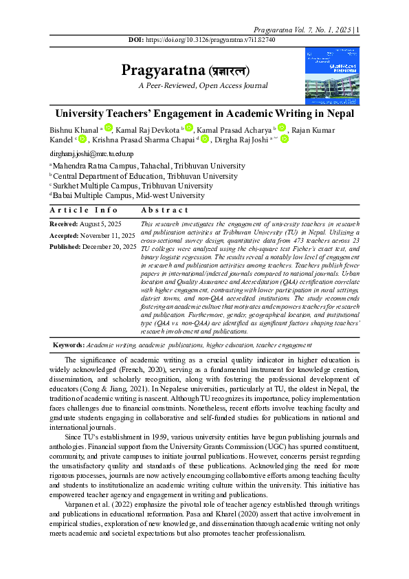 (PDF) University Teachers' Engagement in Academic Writing in Nepal