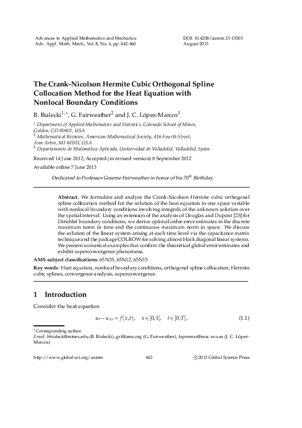 (PDF) The Crank-Nicolson Hermite Cubic Orthogonal Spline Collocation ...