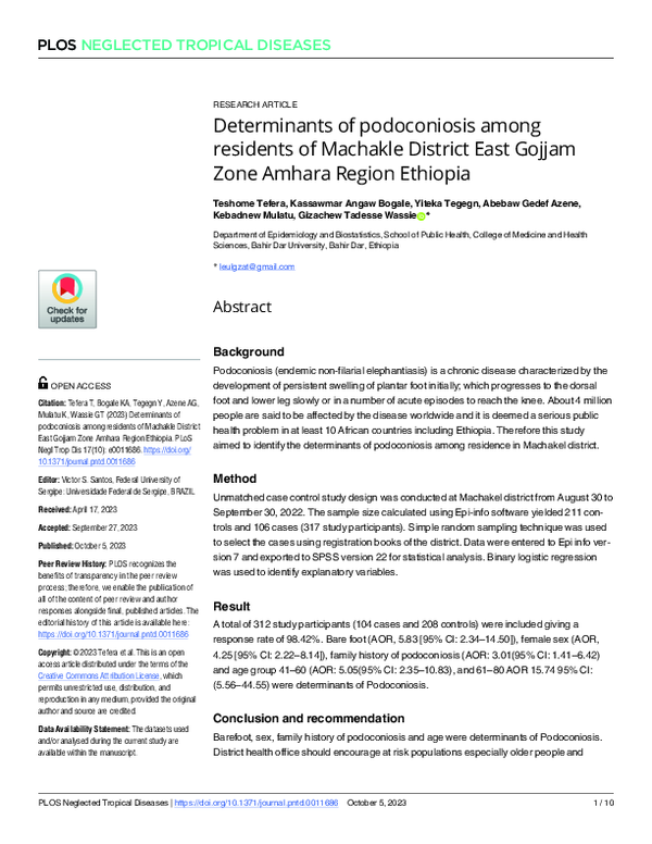 (PDF) Determinants of podoconiosis among residents of Machakle District ...