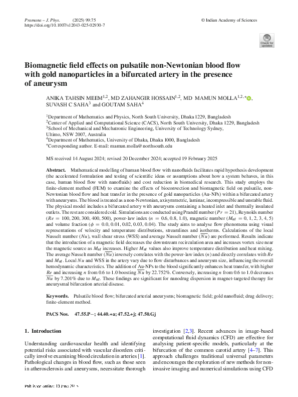 (PDF) Biomagnetic field effects on pulsatile non-Newtonian blood flow ...