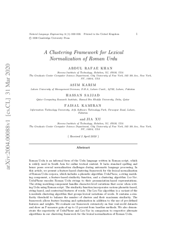 (PDF) A Clustering Framework for Lexical Normalization of Roman Urdu