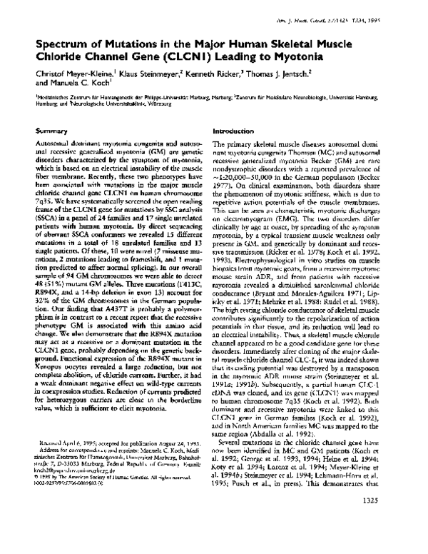(PDF) SpectrumofMutations intheMajorHuman Skeletal Muscle Chloride ...