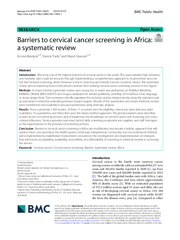 (PDF) Barriers to cervical cancer screening in Africa: a systematic review