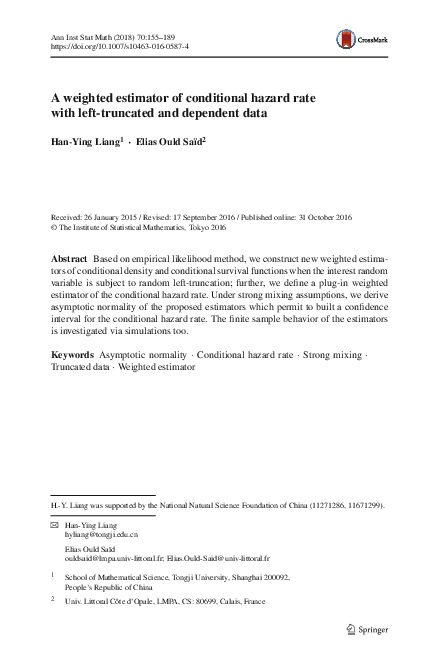 (PDF) A weighted estimator of conditional hazard rate with left ...