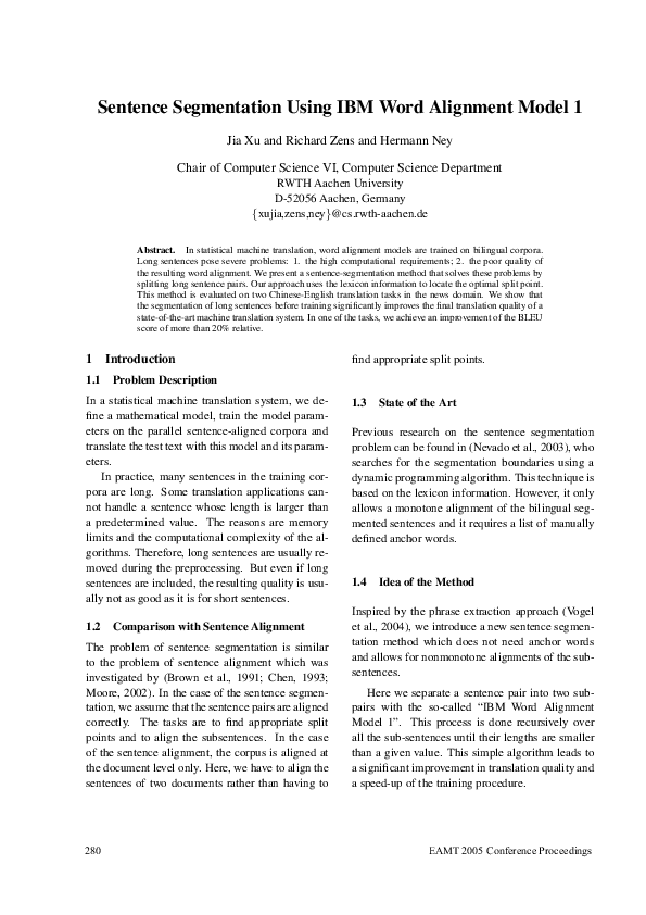 (PDF) Sentence Segmentation Using IBM Word Alignment Model 1