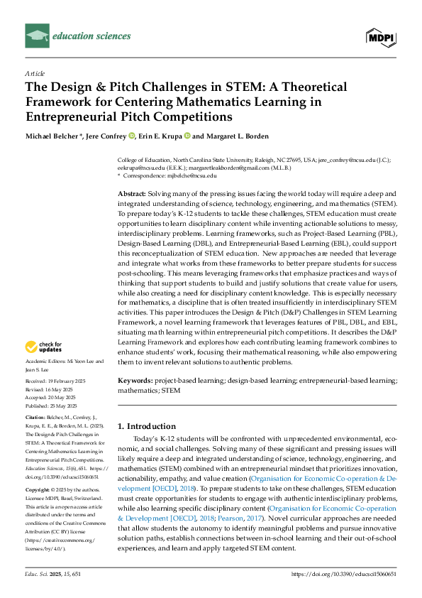(PDF) The Design & Pitch Challenges in STEM: A Theoretical Framework ...