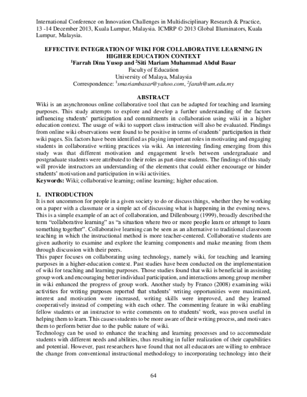 (PDF) Effective Integration of Wiki for Collaborative Learning in ...