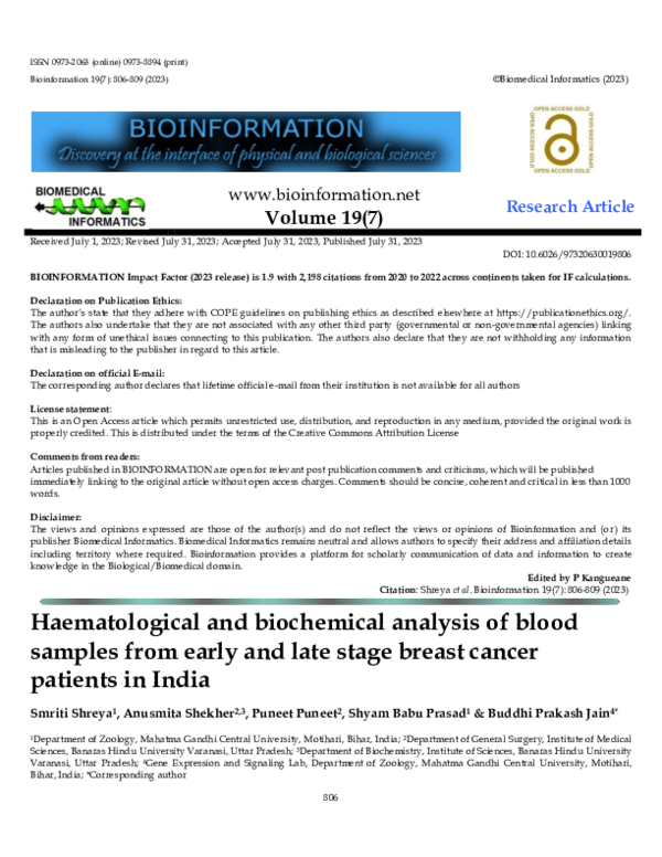 (PDF) Haematological and biochemical analysis of blood samples from ...