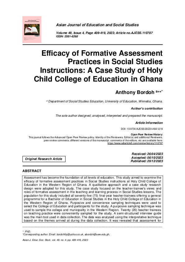 (PDF) Efficacy of Formative Assessment Practices in Social Studies ...