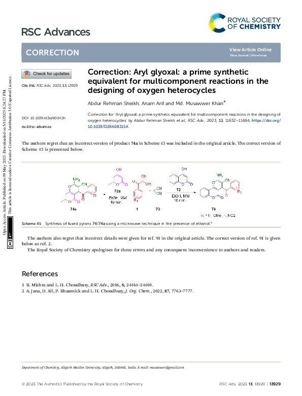 (PDF) Correction: Aryl glyoxal: a prime synthetic equivalent for ...