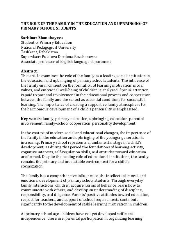 (PDF) THE ROLE OF THE FAMILY IN THE EDUCATION AND UPBRINGING OF PRIMARY ...