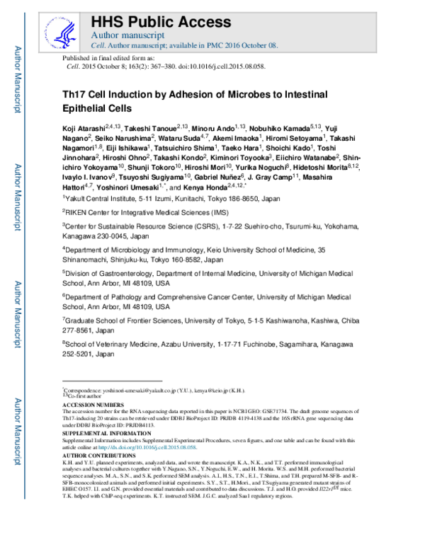 (PDF) Th17 Cell Induction by Adhesion of Microbes to Intestinal ...
