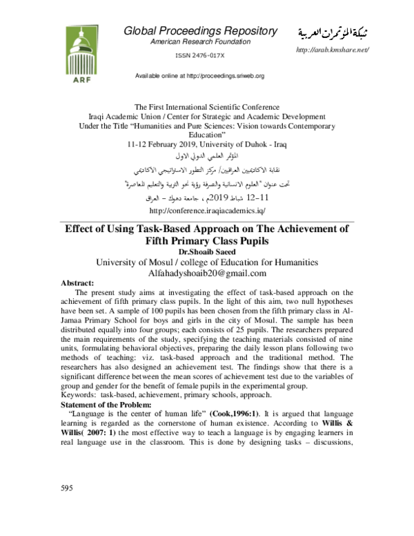 (PDF) Effect of Using Task-Based Approach on The Achievement of Fifth ...