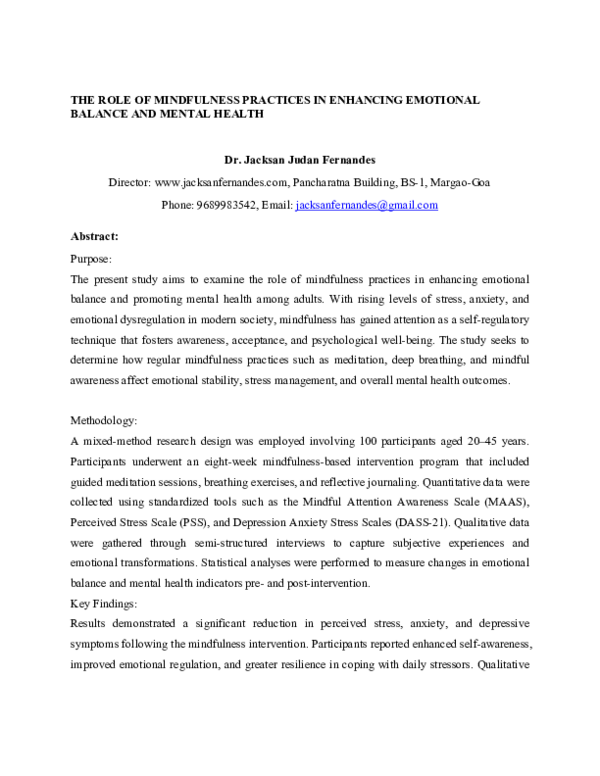 (PDF) THE ROLE OF MINDFULNESS PRACTICES IN ENHANCING EMOTIONAL BALANCE ...