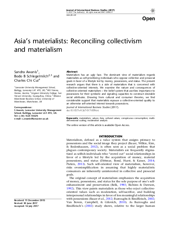 (PDF) Asia’s materialists: Reconciling collectivism and materialism