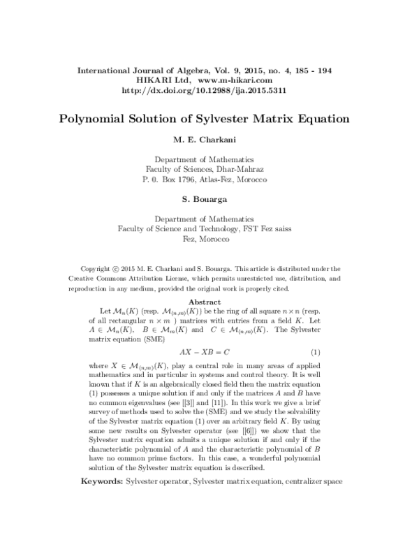 (PDF) Polynomial solution of Sylvester matrix equation