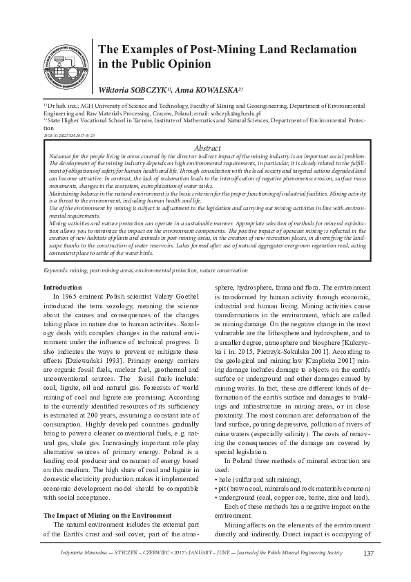 (PDF) The Examples of Post-Mining Land Reclamation in the Public Opinion