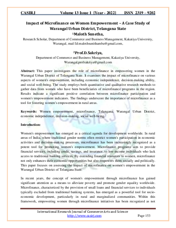 (PDF) Impact of Microfinance on Women Empowerment -A Case Study of ...