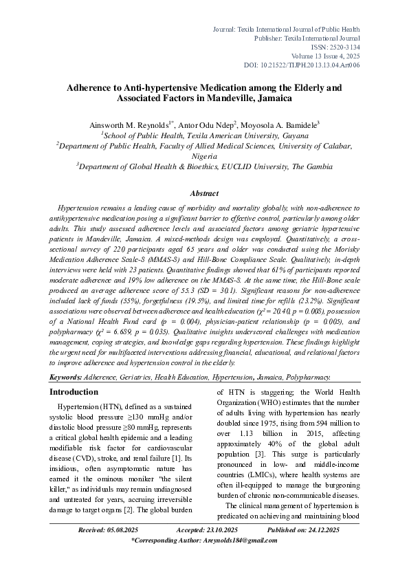 (PDF) Adherence to Anti-hypertensive Medication among the Elderly and ...