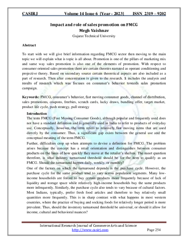(PDF) Impact and role of sales promotion on FMCG Megh Vaishnav