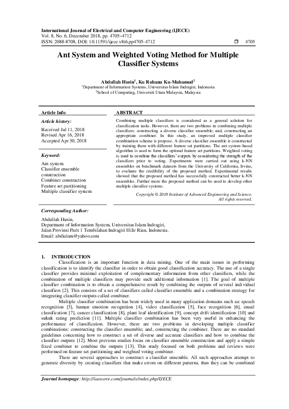 (PDF) Ant System and Weighted Voting Method for Multiple Classifier Systems