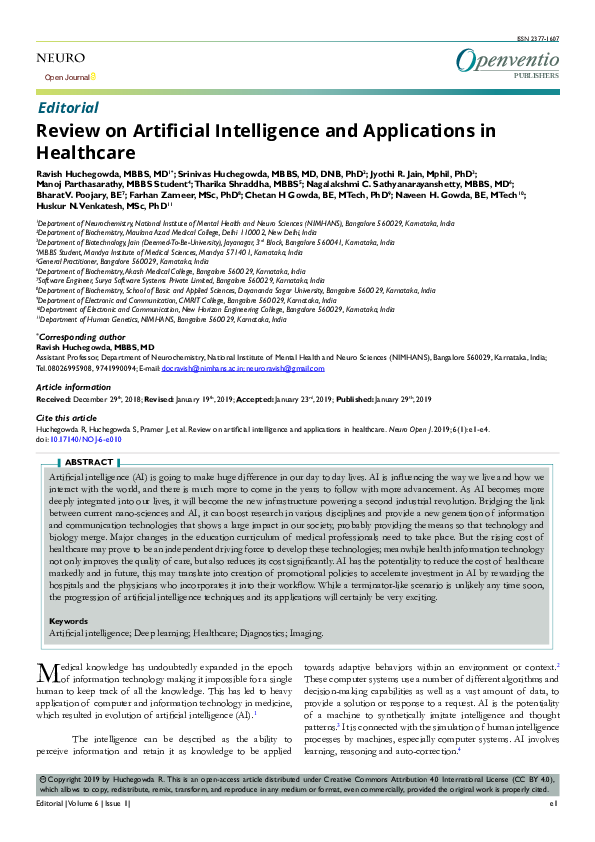 (PDF) Review on Artificial Intelligence and Applications in Healthcare