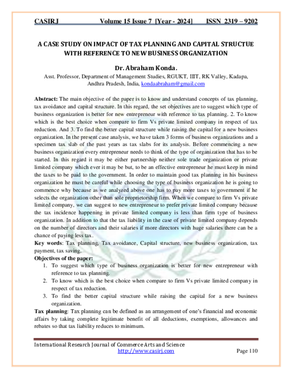 (PDF) A CASE STUDY ON IMPACT OF TAX PLANNING AND CAPITAL STRUCTUE WITH ...