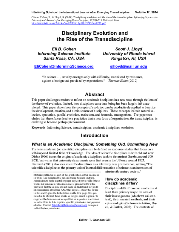 (PDF) Disciplinary Evolution and the Rise of the Transdiscipline