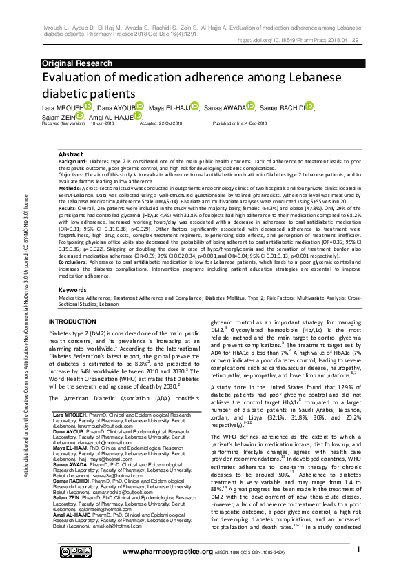 (PDF) Evaluation of medication adherence among Lebanese diabetic patients