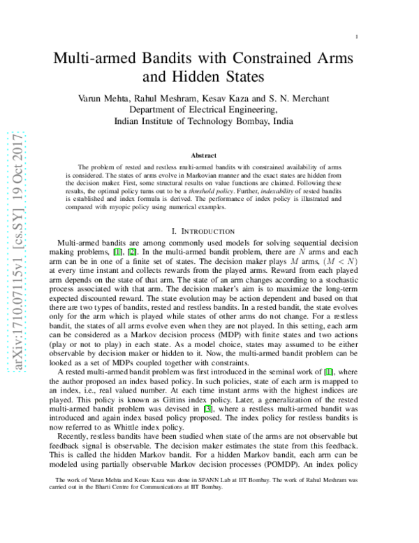 (PDF) Multi-armed Bandits with Constrained Arms and Hidden States