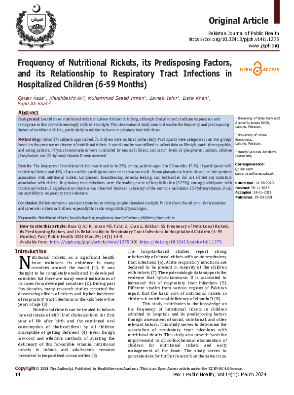 (PDF) Frequency of Nutritional Rickets, its Predisposing Factors, and ...