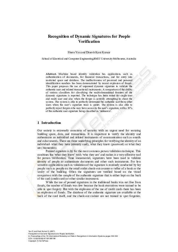 (PDF) Recognition of Dynamic Signatures for People Verification