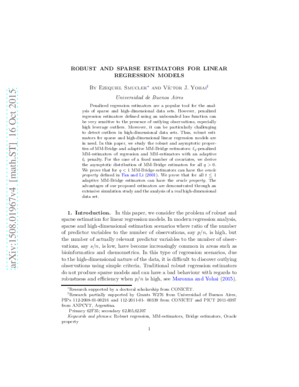 (PDF) Robust and sparse estimators for linear regression models