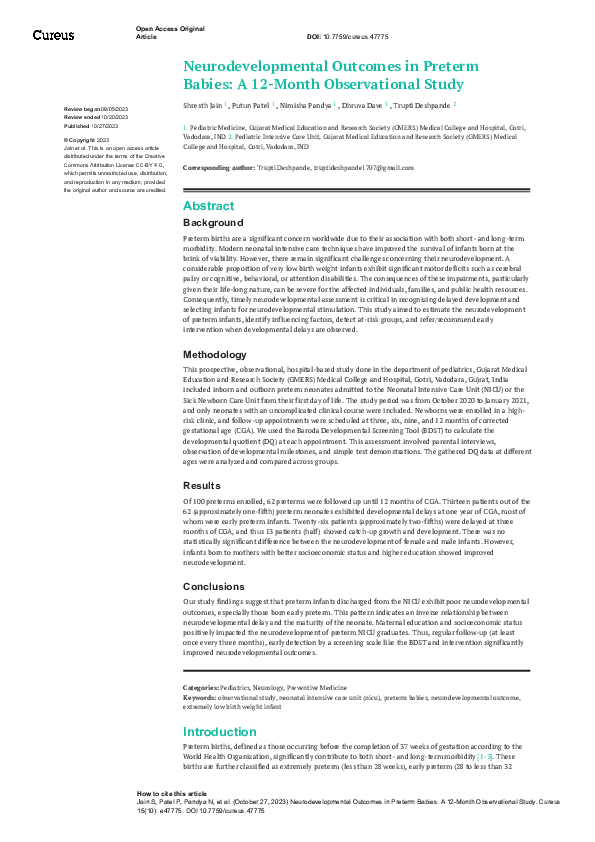 (PDF) Neurodevelopmental Outcomes in Preterm Babies: A 12-Month ...