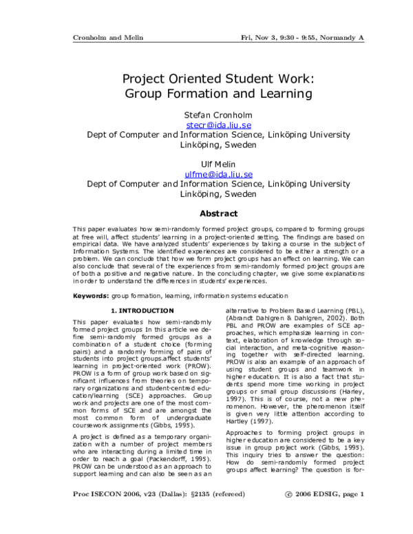 (PDF) Project oriented student work: Group formation and learning