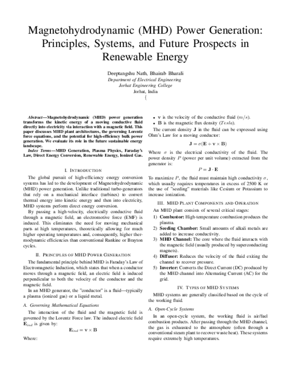 (PDF) Magnetohydrodynamic (MHD) Power Generation: Principles, Systems ...