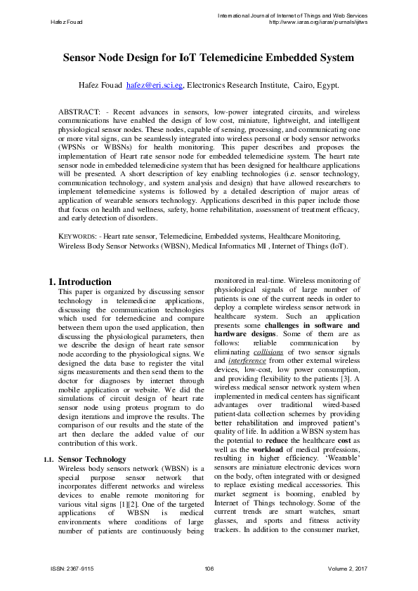 (PDF) Sensor Node Design for IoT Telemedicine Embedded System