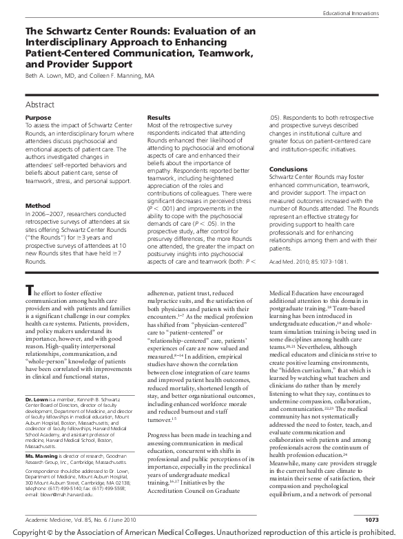 (PDF) The Schwartz Center Rounds: Evaluation of an Interdisciplinary ...