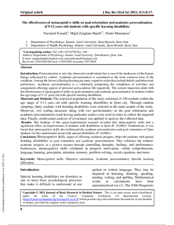 (PDF) The effectiveness of metacognitive skills on goal orientation and ...