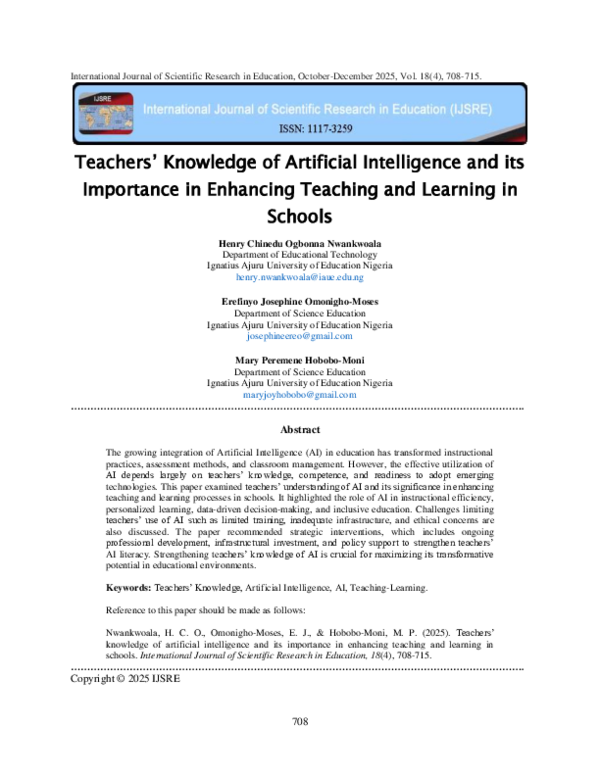 (PDF) Teachers’ Knowledge of Artificial Intelligence and its Importance ...