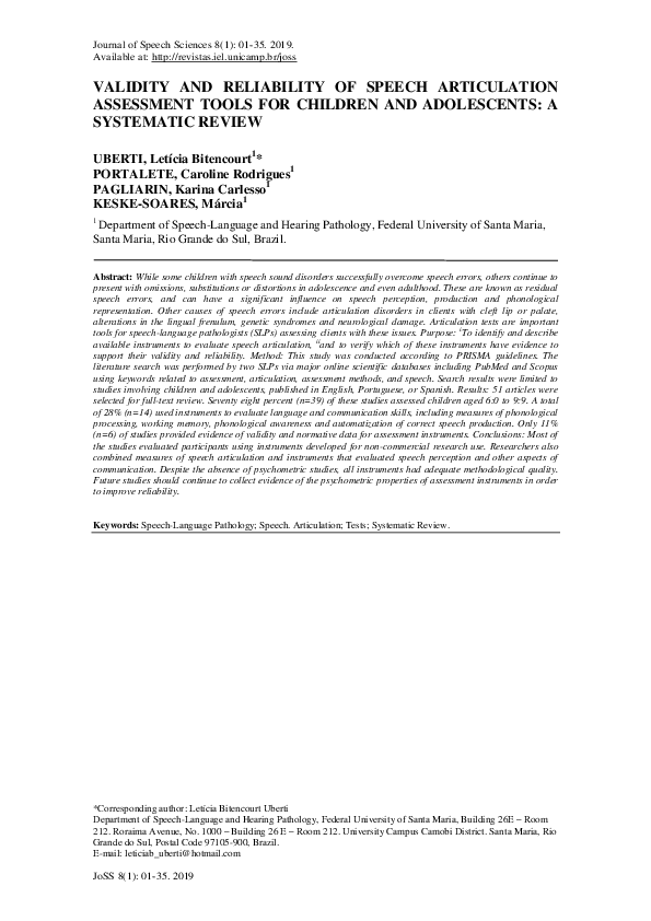 (PDF) Speech articulation assessment tools