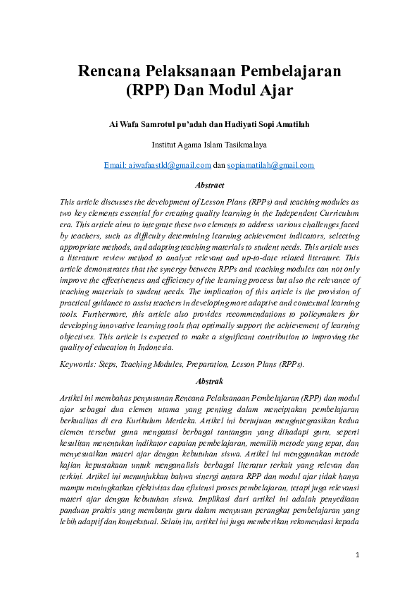 (PDF) Rencana Pelaksanaan Pembelajaran (RPP) Dan Modul Ajar